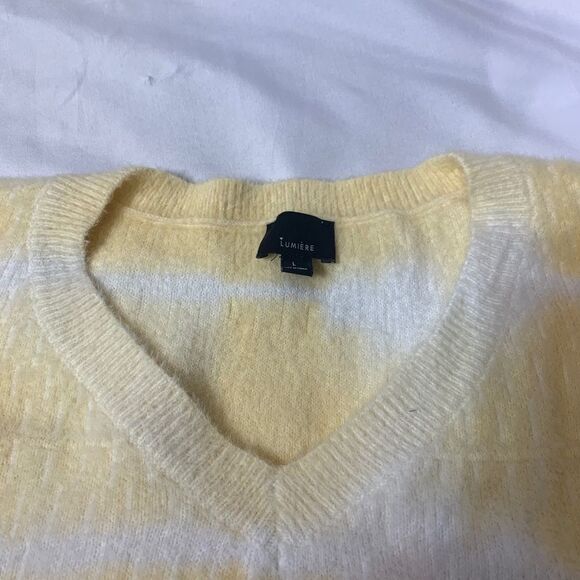 Lumiere Fuzzy sweater V-neck tie died print sweater SZ L yellow/white- - Picture 5 of 12